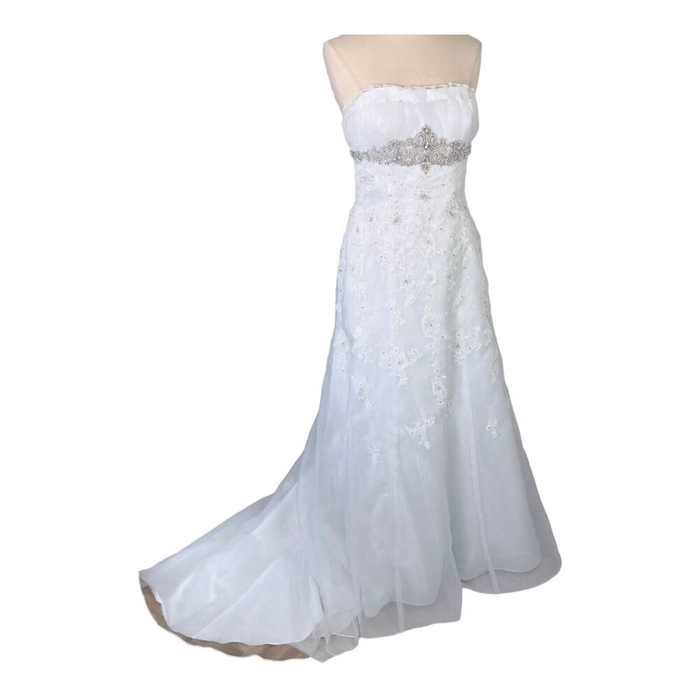 David's Bridal Beaded Rhinestone Lace Wedding Dress Fit Flare Strapless Size 12